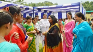 Sheela Nimbhorkar, chairperson, FWO, White Knight Corps interacting with wives of soldiers and officers of Cross Swords Division on Monday.