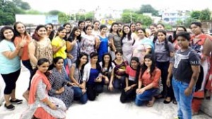 Students and faculty members of JD Fashion Institute posing for a group photograph during a fitness workshop at Jammu.