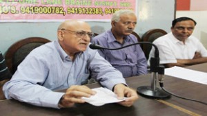 Representatives of SVS at a press conference at Jammu on Wednesday. —Excelsior/Rakesh