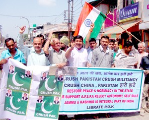 Activists of Jammu West Assembly Movement raising slogans in support of their demands on Sunday.