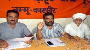 Subash Verma, president and Ashok Choudhary , general secretary, Bhartiya Mazdoor Sangh addressing a press conference on Thursday. —Excelsior/Rakesh
