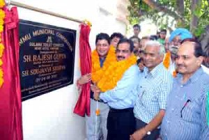 MLA Jammu East Rajesh Gupta inaugurating Sulabh toilet complex at Ward 19 on Tuesday.