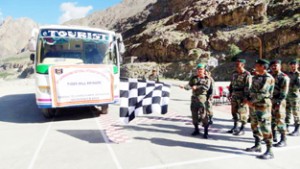 Commander Tiger Hill brigade flagging off Sadbhavna tour in Kargil area on Thursday.