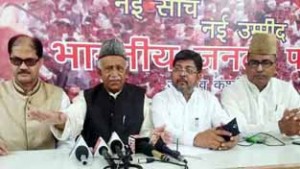 BJP Minority Morcha National president Abdul Rashid Ansari at a press conference at Jammu on Tuesday.