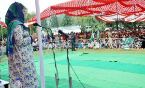 PDP president Mehbooba Mufti addressing a public meeting at Rajouri on Wednesday. —Excelsior/Bhat