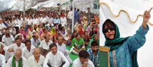 PDP president Mehbooba Mufti addressing a party function in Jammu on Friday.— Excelsior/Rakesh