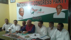 State NCP president, Thakur Randhir Singh flanked by other party leaders addressing media persons at Jammu on Monday.