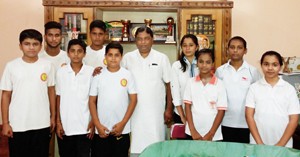 Silambam players posing alongwith MLA Jammu West, Sat Sharma and other dignitaries before leaving for Nasik on Tuesday.