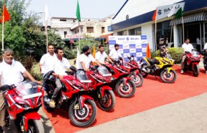 Participants during road-show of Pulsar RS200 at Jammu on Saturday.