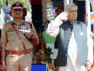 Chief Minister Mufti Mohammad Sayeed salutes during a passing out parade of new recruits in Manigam on Tuesday. -Excelsior/Amin War