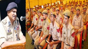 DGP K Rajendra addressing police durbar at District Police Lines at Srinagar on Wednesday.