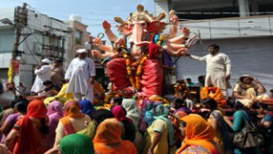 A large idol of Lord Ganesha being taken for immersion in Jammu on Sunday. — Excelsior/Rakesh