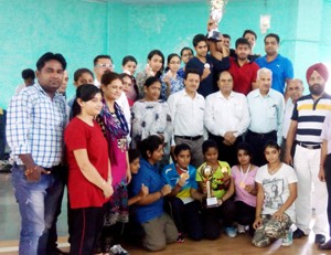 Fencers posing alongwith dignitaries at Gymnasium Hall, University of Jammu on Saturday.