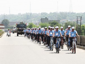 Cyclists sweating-it-out during a Cycle Rally from Samba to Bari Brahmana on Thursday. 