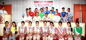 Students posing alongwith IGP Jammu, Danesh Rana during Installation Ceremony of Interact Club at Model Academy in Jammu Tuesday.