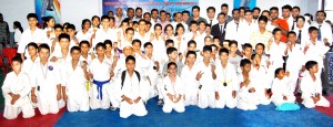 Medal winners in State Sub Junior Karate Championship posing for a group Photograph on Sunday.