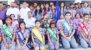 Students Council of KV Sunjuwan posing for a group photograph during Investiture Ceremony on Tuesday.