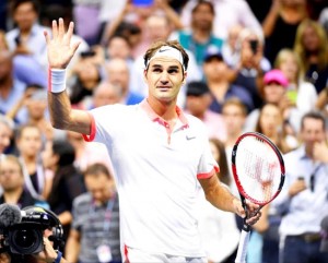 Roger Federer of Switzerland celebrates after beating  Stan Wawrinka of Switzerland on day twelve of the 2015 U.S. Open tennis tournament at USTA Billie Jean King National Tennis Center. (UNI)