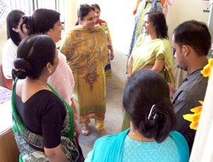 Minister of State for Education Priya Sethi interacting with Principal Dr Kiran Bakshi during her visit to GCW, Gandhi Nagar. 