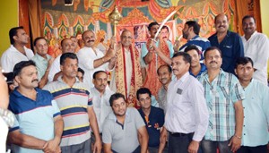 Avinash Rai Khanna, National vice president BJP and Jugal Kishore Sharma, State chief BJP being honoured at SDNS Dewan Mandir on Monday.