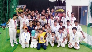 Winners of Under-16 Indoor Cricket Tournament posing for a group photograph at KCSC in Jammu on Thursday.