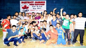 Winners of Wushu Championship posing for a group photograph alongwith dignitaries in Jammu on Wednesday.