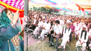 PDP president Mehbooba Mufti addressing a party convention at Poonch on Tuesday. —Excelsior/Harbajan