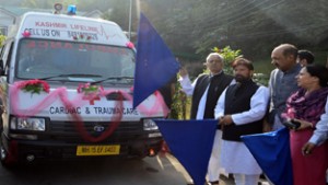 Chief Minister, Mufti Mohd Sayeed along with Health and Law Ministers during launch of Cardiac-and-trauma care ambulances at Srinagar on Monday.