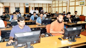 Candidates appearing in online examination of J&K Bank’s Relationship Executives on Saturday.
