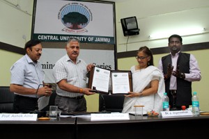 Director ICS Delhi and CUJ VC displaying copies of MoU signed on Monday.