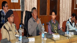 Minister for Cooperatives, Chhering Dorjey chairing a meeting at Leh on Tuesday.