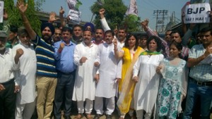 NPP leaders and workers staging protest in Jammu on Thursday. —Excelsior/Rakesh