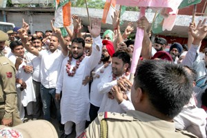 PYC activists staging protest demonstration against Modi Govt in Jammu on Sunday.-Excelsior/ Rakesh