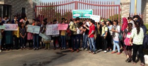 SKUAST-J students protesting outside University campus at Chatha on Tuesday.