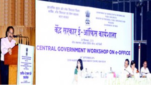 Union Minister Dr Jitendra Singh delivering inaugural address at the workshop on e-Office at New Delhi on Thursday. 