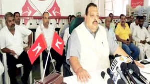 NC MLA from Nagrota D S Rana addressing press conference in Jammu on Friday.        -Excelsior/Rakesh