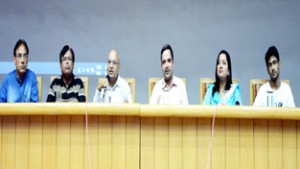 Vice-Chancellor and others on dais during SMVDU Foundation Day celebration on Tuesday.