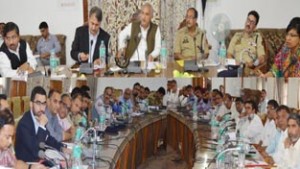 Minister for Hajj, Abdul Rehman Veeri chairing a meeting at Srinagar on Tuesday.