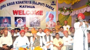 Minister for Health and Medical Education, Ch. Lal Singh at a function organized by Shri Amar Kshatriya Rajput Sabha at Kathua.