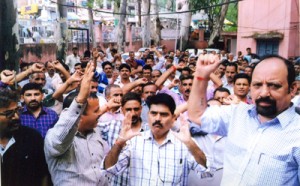 Som Nath, Sr vice president PHE Employees Association Jammu province addressing employees at Udhampur on Wednesday.