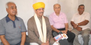 Former Minister and president, Shri Laxmi Narayan Mandir, Management Trust, Gandhi Nagar (Jammu) addressing media persons at Jammu on Thursday. 