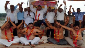 Ex-personnel of Paramilitary Forces during relay hunger strike at Jammu on Sunday.