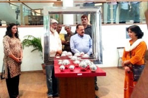 Dr Jitendra Singh having a view of installation (sculpture) by Ravinder Jamwal after inauguration of exhibition.