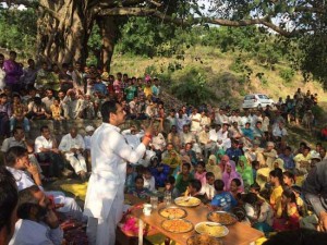 MLA, RS Pathania addressing public meeting in Ramnagar on Sunday.