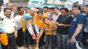 MLA Jammu East Rajesh Gupta inaugurating construction work at Canal Road Jammu.