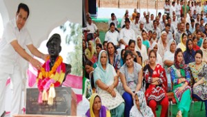Senior Cong leader RS Chib paying tributes to martyr Ramesh Lal during function at Suchetgarh on Saturday.