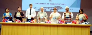 Minister of State for Education, Priya Sethi and others releasing souvenir during inaugural of a seminar at SMVDU on Tuesday.