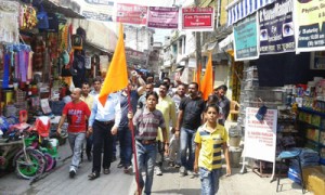VHP activists taking out a protest march in Reasi town on Saturday. 