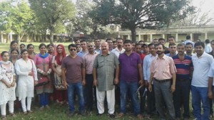 Members of J&K Teachers Forum during a meeting at Sumb on Thursday.    —Excelsior/Gautam