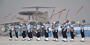 A Rifle drill by Air Warriors during the Indian Air Force Day celebration at HindOn airbase on Thursday. (UNI)